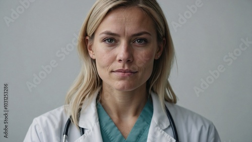 Young female doctor on isolated background, space for text, studio shot, professional shooting