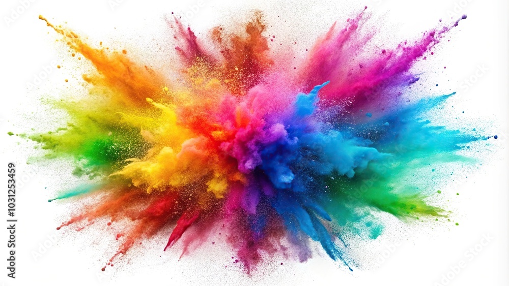 Long shot explosion of colorful powder on white background Long shot explosion of colorful powder on white background