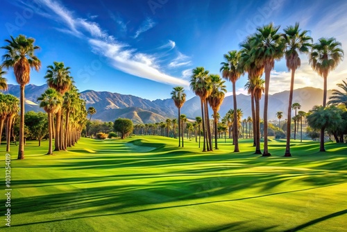 Long shot of golfing oasis with verdant lawn and majestic palm trees at Palm Springs golf course