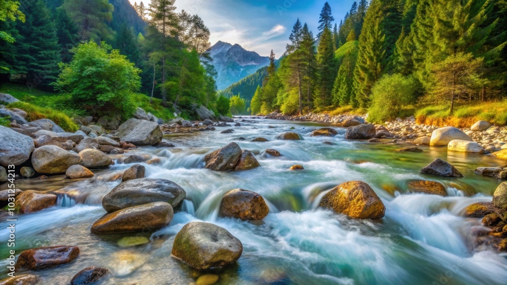 Beautiful alpine stream with fast flow and stones, Alpine, stream, water, fast flow, stones, shallow, nature, scenic, landscape Beautiful alpine stream with fast flow and stones, Alpine, stream, water, fast flow, stones, shallow, nature, scenic, landscape
