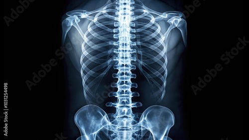 Long shot X-ray of whole spine in dark background of spine scoliosis