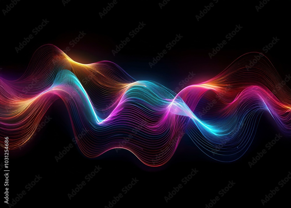 Neon lines forming vibrant waves on a black background. Neon lines forming vibrant waves on a black background.