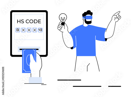 Man wearing VR headset holding a lightbulb. A hand inserting money into a machine displaying HS Code. Ideal for innovation technology virtual reality finance HS codes and futuristic concepts