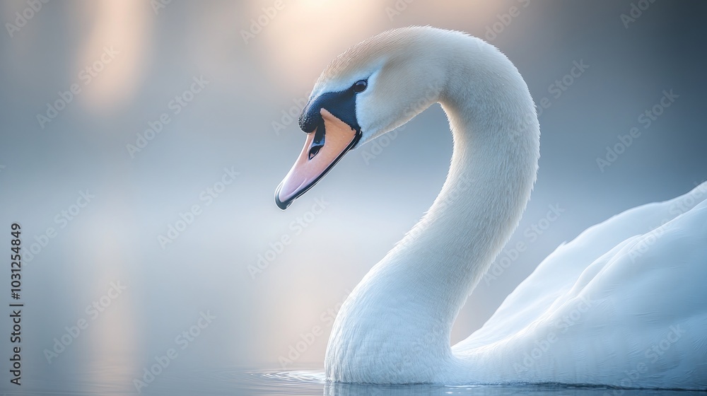 Fototapeta premium A serene swan gliding gracefully on a misty lake.