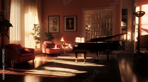 Sunlit Living Room with Grand Piano and Red Armchair photo