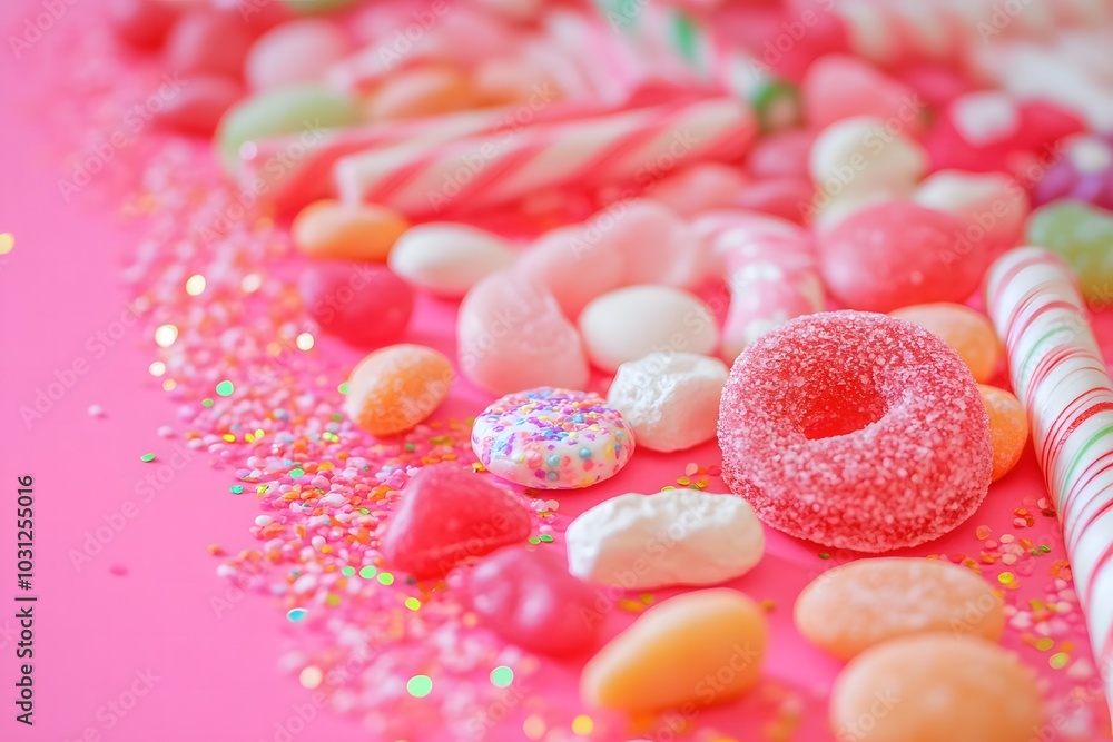A variety of chewing gum alongside assorted candies and treats, arranged on a colorful tabletop A variety of chewing gum alongside assorted candies and treats, arranged on a colorful tabletop