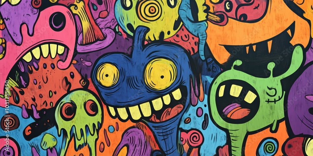 Fototapeta premium Colorful cartoon monsters painted on wood.