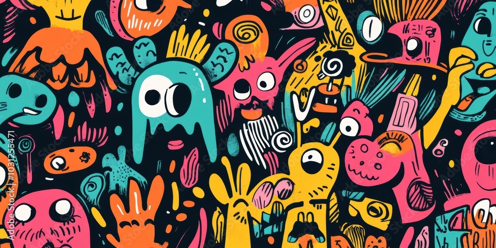 Colorful doodle art with various cartoon faces. Colorful doodle art with various cartoon faces.