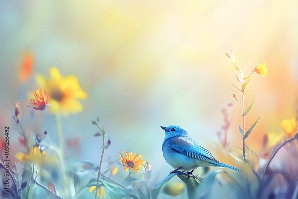 A bluebird restring amidst a field of tall sunflowers A bluebird restring amidst a field of tall sunflowers