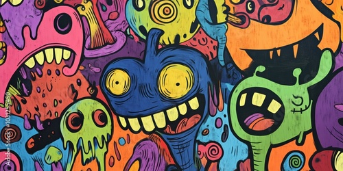 Colorful cartoon monsters painted on wood.