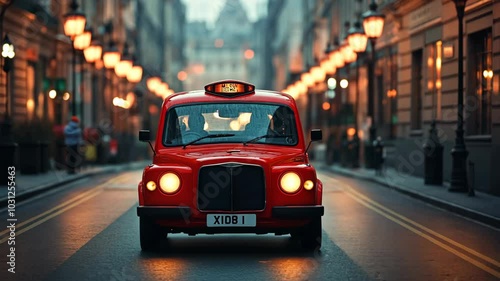 A red taxi drives down a street lined with streetlights in the evening photo