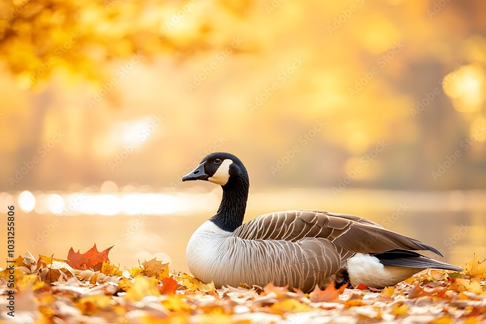 A goose resting among colorful autumn leaves on a peaceful lake shore A goose resting among colorful autumn leaves on a peaceful lake shore
