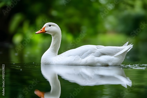  A graceful goose swimming in a serene pond with reflections on the water, surrounded by lush greenery