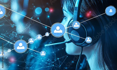 Customer Service Representative with Headset, Connected to Network