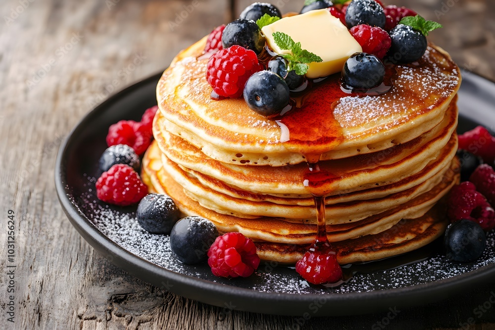 A stack of fluffy pancakes topped with butter and drizzled with maple syrup, garnished with fresh berries and a sprinkle of powdered sugar A stack of fluffy pancakes topped with butter and drizzled with maple syrup, garnished with fresh berries and a sprinkle of powdered sugar