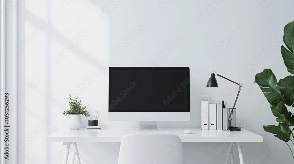 White minimalist desk with computer, lamp and plant. White minimalist desk with computer, lamp and plant.