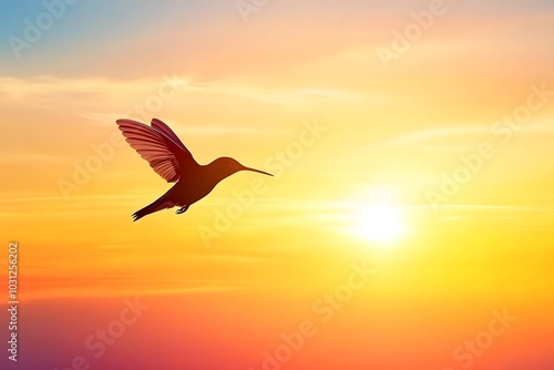 A silhouette of a hummingbird flying against the backdrop of a colorful sunset photo