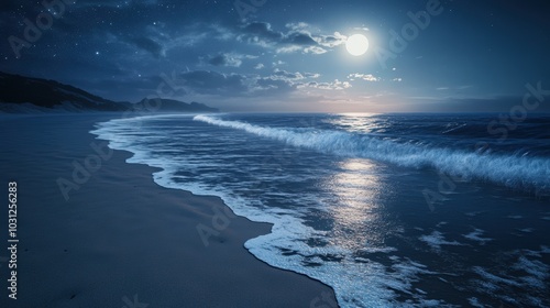 Starry night, moonlit ocean, sandy beach.