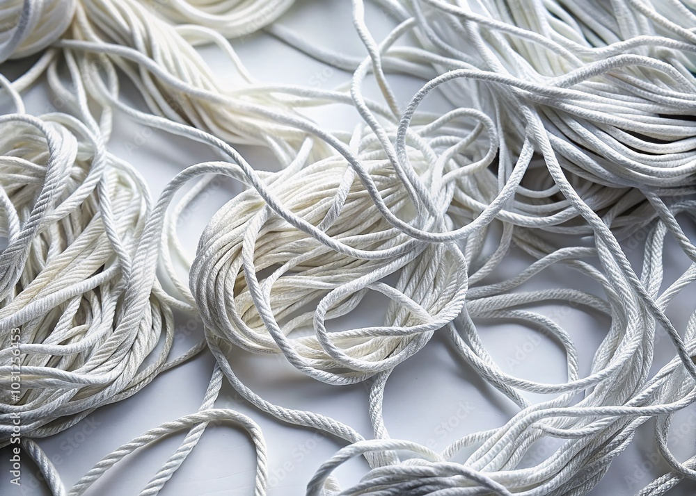 Aerial View of Entangled White and Gray Strips on a Clean Background - Twisted Fabric and Cord Textures Aerial View of Entangled White and Gray Strips on a Clean Background - Twisted Fabric and Cord Textures