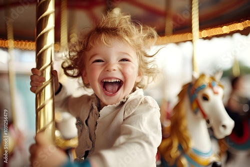 Little boy enjoying carousel ride at amusement park in carnival, festival, birthday or holiday. Smiling child on horse. Vintage merry go round. Summer family vacation