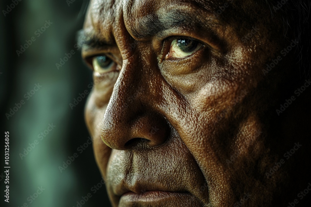 A deeply introspective Mayan man, front shot with piercing eyes, captured in hyper-detailed focus, set against a dark, blurred background, showcasing the essence of wisdom A deeply introspective Mayan man, front shot with piercing eyes, captured in hyper-detailed focus, set against a dark, blurred background, showcasing the essence of wisdom