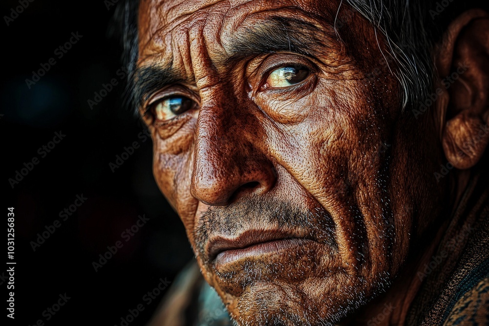 A deeply introspective Mayan man, front shot with piercing eyes, captured in hyper-detailed focus, set against a dark, blurred background, showcasing the essence of wisdom A deeply introspective Mayan man, front shot with piercing eyes, captured in hyper-detailed focus, set against a dark, blurred background, showcasing the essence of wisdom
