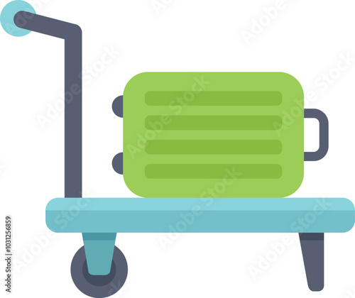 Green suitcase standing on blue airport trolley after flight, concept of tourism and travel