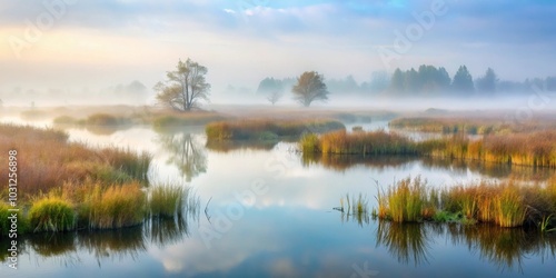 Wetlands shrouded in thick, ethereal fog , wetlands, landscape, fog, mist, mystical, ethereal, nature, serene