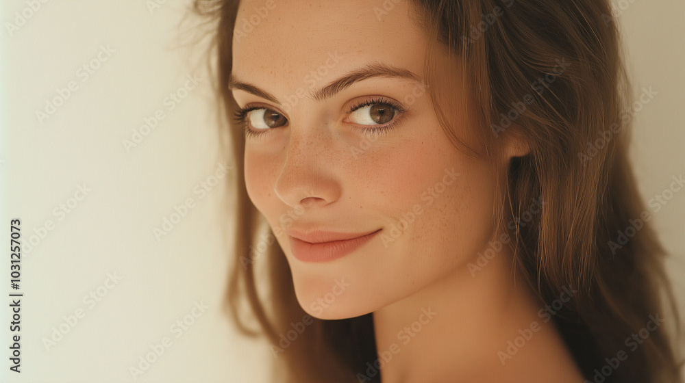 the image features a close-up of a woman with smiling face and brown medium hair the image features a close-up of a woman with smiling face and brown medium hair