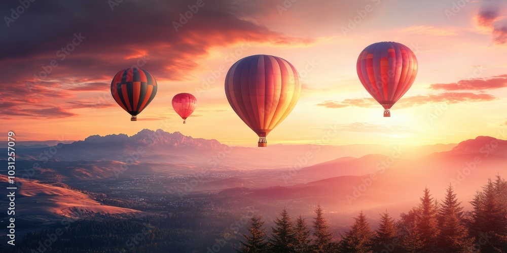 Obraz premium Hot air balloons ascend over a mountain range at sunrise.