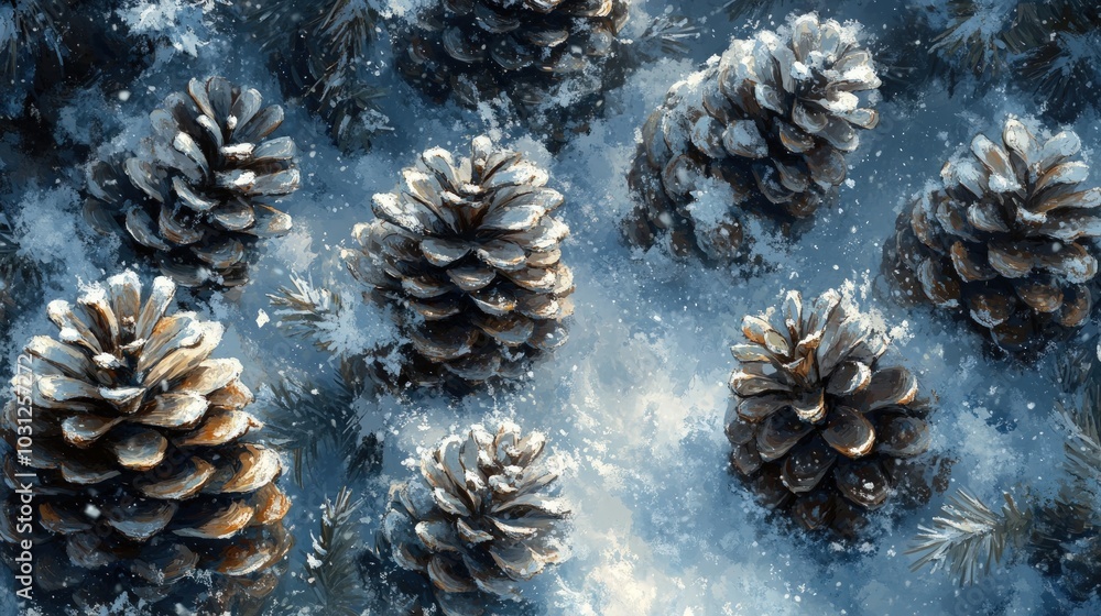 A close-up view of pine cones covered in snow, with some pine needles visible. A close-up view of pine cones covered in snow, with some pine needles visible.