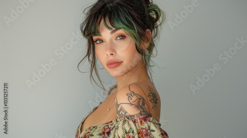 A beautiful young woman with green hair in an elegant, short dress stands on the side of her upper body , she has tattoos over her arm photo