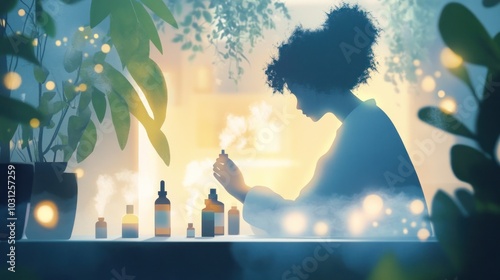 Aromatherapy vector illustration, showing a person using essential oils, surrounded by calming mist and soft lighting photo