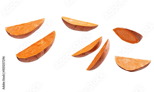 yams and slice falling on white background 