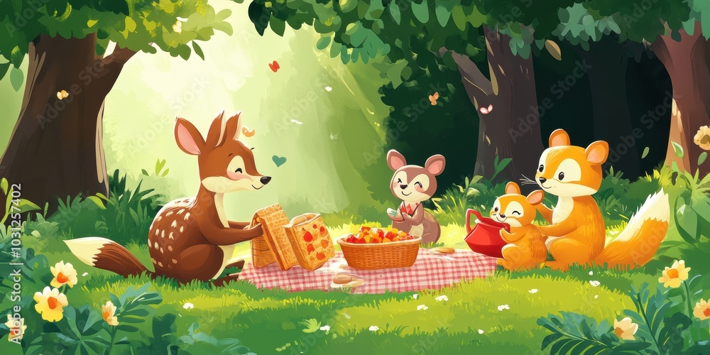 Forest picnic with deer, fox, mouse, and food. Forest picnic with deer, fox, mouse, and food.