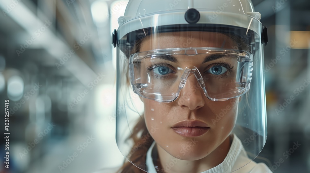 A close-up shot of an engineer wearing protective gear, including safety goggles and a white helmet with a transparent visor, set against the backdrop of a modern technology research facility A close-up shot of an engineer wearing protective gear, including safety goggles and a white helmet with a transparent visor, set against the backdrop of a modern technology research facility