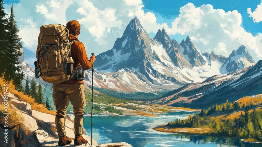 Naklejka premium Backpacker illustrations, depicting characters with gear exploring remote trails and scenic routes