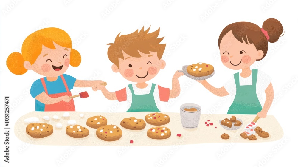 Baking cookies together vector, featuring kids and parents mixing ingredients and decorating cookies, fun and engaging Baking cookies together vector, featuring kids and parents mixing ingredients and decorating cookies, fun and engaging