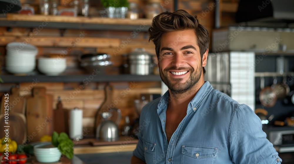 A handsome man in a blue shirt is smiling at the camera while standing next to the kitchen counter, looking happy and content after cooking dinner for his family or friends. A handsome man in a blue shirt is smiling at the camera while standing next to the kitchen counter, looking happy and content after cooking dinner for his family or friends.
