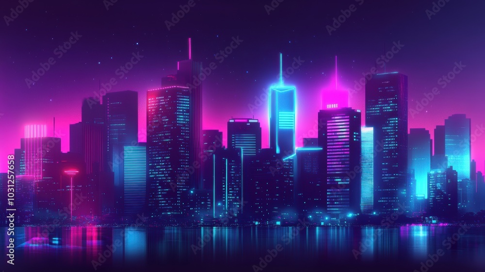 Neon city skyline reflecting in water. Neon city skyline reflecting in water.