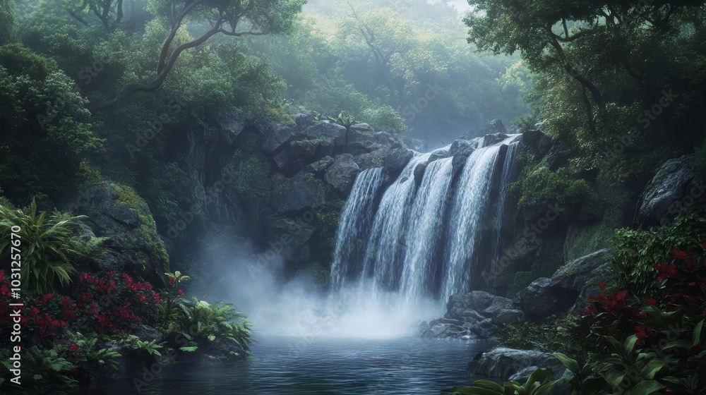 Misty jungle waterfall cascading into a pool. Misty jungle waterfall cascading into a pool.