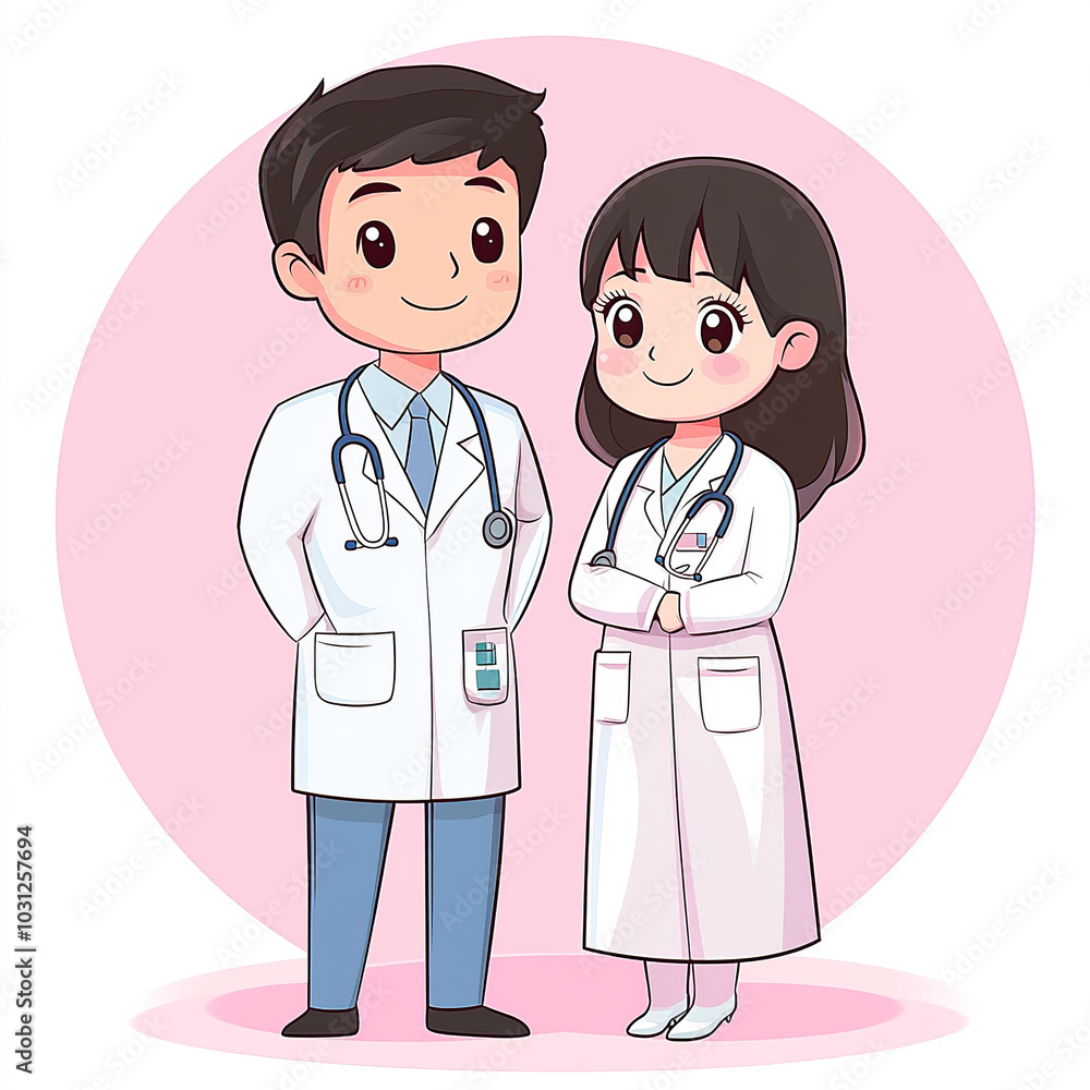 Cute cartoon-style, vector illustrated male doctors and female nurses standing together in white coats Cute cartoon-style, vector illustrated male doctors and female nurses standing together in white coats