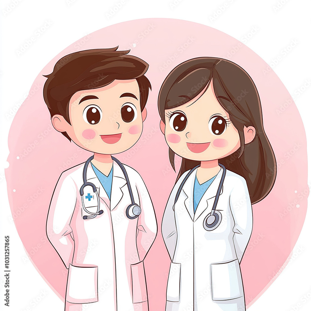 Cute cartoon-style, vector illustrated male doctors and female nurses standing together in white coats Cute cartoon-style, vector illustrated male doctors and female nurses standing together in white coats
