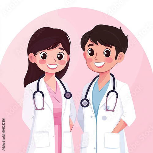 Cute cartoon-style, vector illustrated male doctors and female nurses standing together in white coats