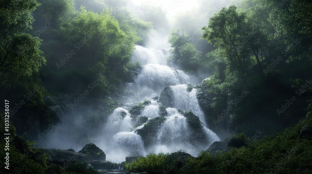 A misty waterfall surrounded by lush green trees. A misty waterfall surrounded by lush green trees.