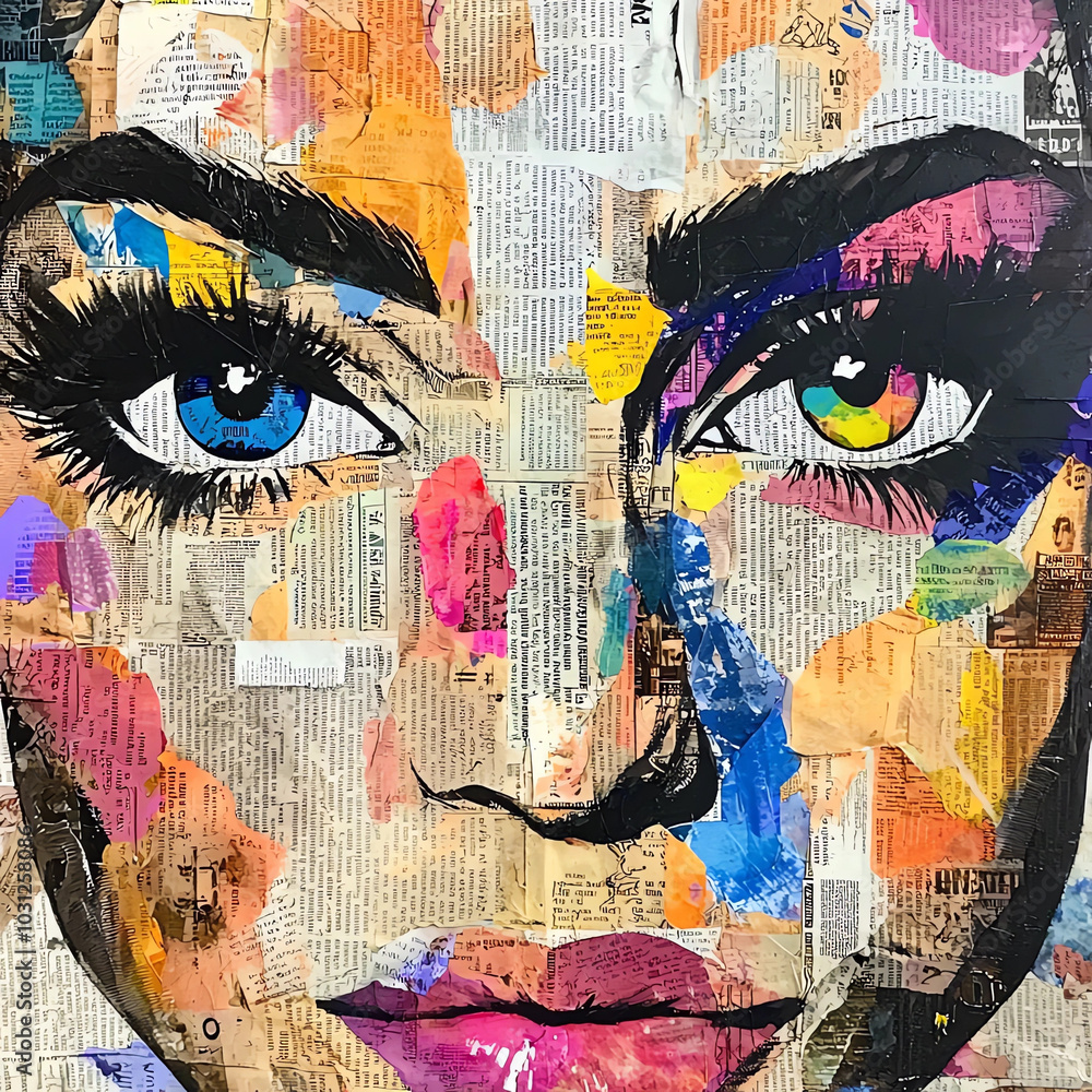 A mixed media collage featuring the face of an elegant woman with large blue eyes A mixed media collage featuring the face of an elegant woman with large blue eyes