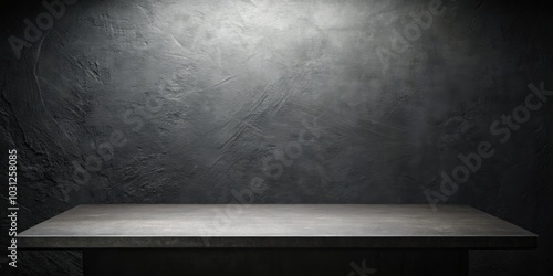 Empty black table top with dark concrete rough background and subtle lighting, minimalist, interior design