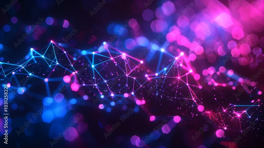 Abstract background with blue and purple glowing geometric shapes connected by lines, forming an intricate network of digital connections or data transfer concept Abstract background with blue and purple glowing geometric shapes connected by lines, forming an intricate network of digital connections or data transfer concept
