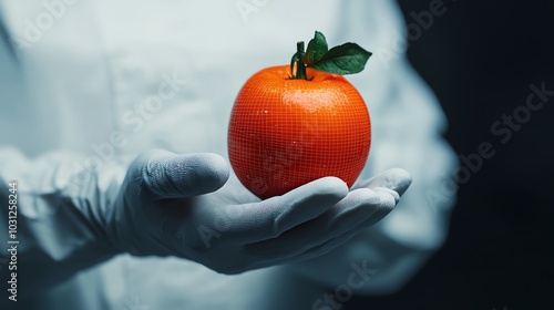 Wearable tech scanning a fruit to analyze nutrients, futuristic setting, soft focus, medium shot photo