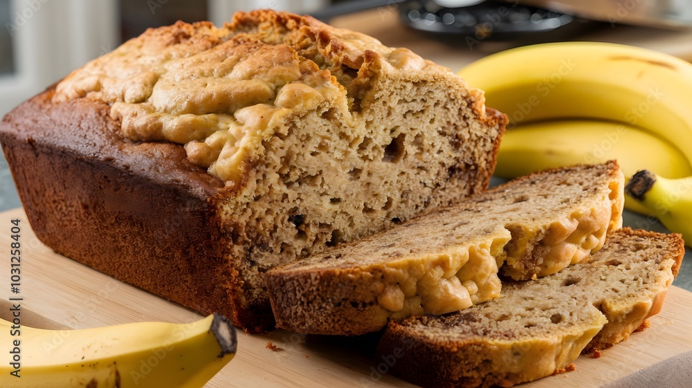A scrumptious homemade banana bread with a golden-brown crust and a moist A scrumptious homemade banana bread with a golden-brown crust and a moist